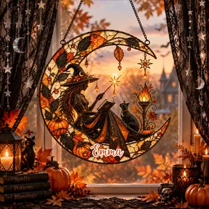 Personalized Witch Moon Acrylic Suncatcher, Custom Name Reading Witch & Fairy Window Hanging, Spooky Magic Wiccan Gift, Halloween Decor
