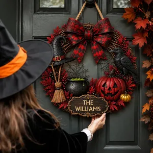 The Witch’s Harvest Personalized Halloween Door Sign, Custom Family Name Pumpkin Wreath, Raven Cauldron Front Door Decor, Fall Housewarming Gift