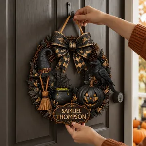 The Witch’s Harvest Personalized Halloween Door Sign, Custom Family Name Pumpkin Wreath, Raven Cauldron Front Door Decor, Fall Housewarming Gift