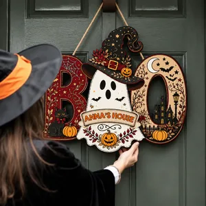 Personalized Halloween Door Sign Custom Family Name, BOO Ghost Witch Decor, Black Cat Pumpkin Front Door Hanging Sign, Spooky Home Decoration Gift