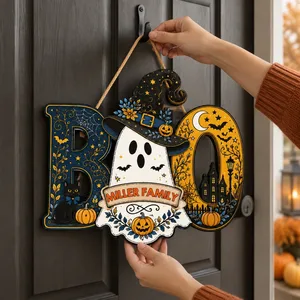 Personalized Halloween Door Sign Custom Family Name, BOO Ghost Witch Decor, Black Cat Pumpkin Front Door Hanging Sign, Spooky Home Decoration Gift