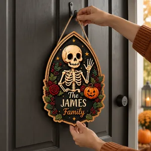 The Skeleton Family Halloween Door Sign, Personalized Custom Family Name, Pumpkin Skull Autumn Decor, Spooky Front Door Hanging Sign, Halloween Gift