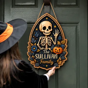 The Skeleton Family Halloween Door Sign, Personalized Custom Family Name, Pumpkin Skull Autumn Decor, Spooky Front Door Hanging Sign, Halloween Gift