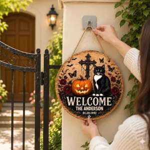 Custom Family Name Halloween Door Sign, Black Cat Pumpkin Decor, Gothic Floral Welcome Sign, Personalized Front Door Halloween Decoration