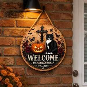 Custom Family Name Halloween Door Sign, Black Cat Pumpkin Decor, Gothic Floral Welcome Sign, Personalized Front Door Halloween Decoration