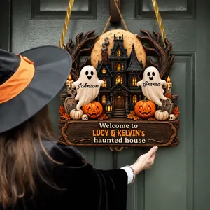Welcome To Grandma Grandpa’s Haunted House Personalized Halloween Sign, Custom Family Names Ghost Mansion Decor, Spooky Home Gift