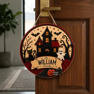 Personalized Halloween Family Door Sign, Custom Last Name Haunted House Plaque, Gothic Castle Ghost Pumpkin Decor, Spooky Front Door Gift