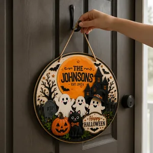 Custom Haunted Halloween Family Sign, Personalized Last Name & Established Year Door Decor, Pumpkin Ghost Cat Plaque, Family Gift Idea
