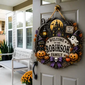 Welcome To Our Haunted House Personalized Sign, Custom Family Name Halloween Plaque, Black Cat Ghost Castle Decor, Unique Halloween Gift