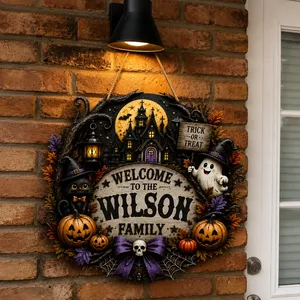 Welcome To Our Haunted House Personalized Sign, Custom Family Name Halloween Plaque, Black Cat Ghost Castle Decor, Unique Halloween Gift