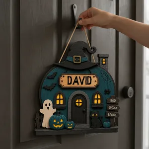 Personalized Witchy Pumpkin House Sign, Custom Name Halloween Door Plaque, Haunted Cottage Cat Decor, Unique Fall Home Gift