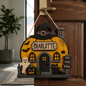 Personalized Witchy Pumpkin House Sign, Custom Name Halloween Door Plaque, Haunted Cottage Cat Decor, Unique Fall Home Gift