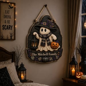 Custom Family Halloween Door Hanger, Personalized Ghost Name Sign, Cozy Witch Ghost Pumpkin Decor, Vintage Fall Home Decoration