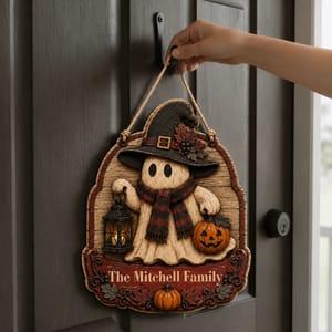 Custom Family Halloween Door Hanger, Personalized Ghost Name Sign, Cozy Witch Ghost Pumpkin Decor, Vintage Fall Home Decoration