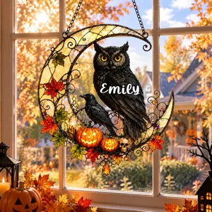 Personalized Owl and Raven Stained Glass Suncatcher, Custom Harvest Pumpkin Halloween Window Hanging, Spooky Fall Decor Gift