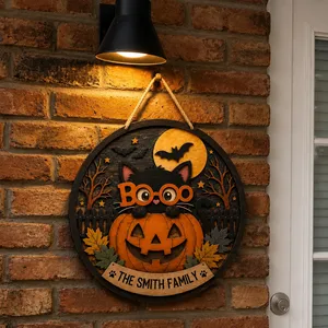 Personalized Halloween Cat Door Sign, Custom Family Name Pumpkin Plaque, Black Cat Boo Decor, Spooky Moon Front Door Gift