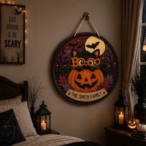 Personalized Halloween Cat Door Sign, Custom Family Name Pumpkin Plaque, Black Cat Boo Decor, Spooky Moon Front Door Gift
