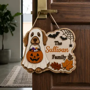 Personalized Ghost Dog Halloween Sign, Custom Family Name Door Plaque, Puppy Pumpkin Candy Decor, Unique Pet Lover Halloween Gift