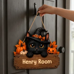 Custom Cat Lover Halloween Door Hanger, Personalized Name Black Cat Sign, Witch Hat Pumpkin Decor, Pet Lover Bedroom Door Gift