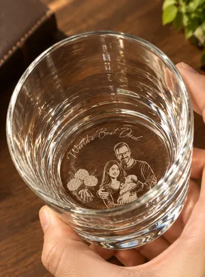Custom Photo Pencil Sketch Art Our First Father's Day Together Portrait - Personalized Engraved Whiskey Glass