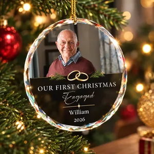 Custom Photo Our First Christmas Engaged - Personalized Circle Glass Ornament