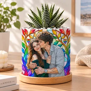 Custom Photo Stained Glass Portrait Mom Grandma Parents Family - Personalized Ceramic Plant Pot