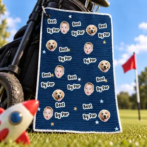 Custom Photo Best Dad By Par Funny Kid Vintage - Personalized Golf Towel