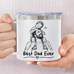 Custom Photo Bold Sketch Best Dad Grandpa Ever Family Portrait - Personalized 14oz Stainless Steel Tumbler With Handle