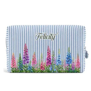 Birth Month Flower Watercolor Blooming In Love - Personalized Striped Cosmetic Bag
