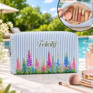 Birth Month Flower Watercolor Blooming In Love - Personalized Striped Cosmetic Bag