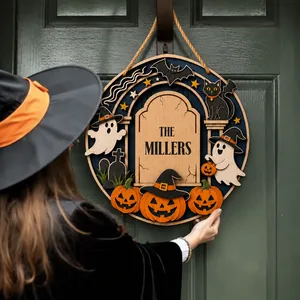 Custom Family Name Halloween Door Sign, Haunted Doorway Ghost Decor, Pumpkin Black Cat Witch Halloween Hanging Sign, Personalized Home Gift
