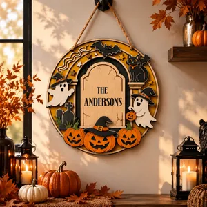 Custom Family Name Halloween Door Sign, Haunted Doorway Ghost Decor, Pumpkin Black Cat Witch Halloween Hanging Sign, Personalized Home Gift