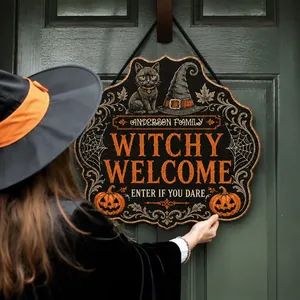 Personalized Halloween Door Sign Custom Family Name, Witchy Welcome Cat Witch Hat Decor, Gothic Pumpkin Front Door Hanging Sign, Spooky Home Gift