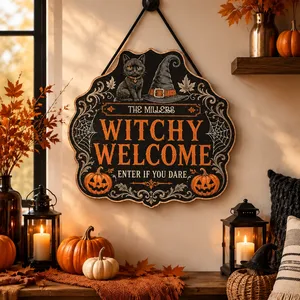 Personalized Halloween Door Sign Custom Family Name, Witchy Welcome Cat Witch Hat Decor, Gothic Pumpkin Front Door Hanging Sign, Spooky Home Gift