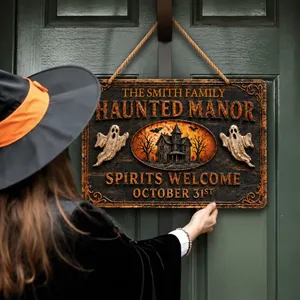 Personalized Halloween Door Sign Custom Family Name, Haunted Manor Spirits Welcome Decor, Gothic Haunted House Hanging Sign, Spooky Front Door Halloween Gift