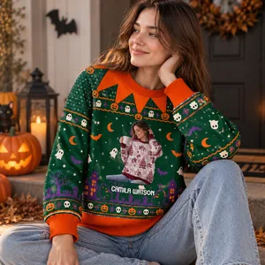 Haunted House Pumpkin Sweater- Personalized Halloween Sweatshirt With Custom Portrait And Name