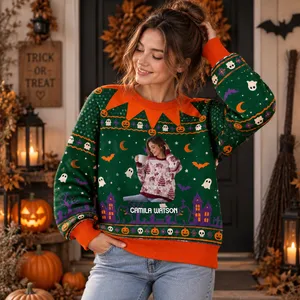 Haunted House Pumpkin Sweater- Personalized Halloween Sweatshirt With Custom Portrait And Name
