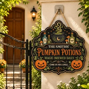Welcome To Our Pumpkin Potion House Personalized Halloween Sign, Custom Family Name Magic Brew Decor, Witchy Front Door Hanging Decoration