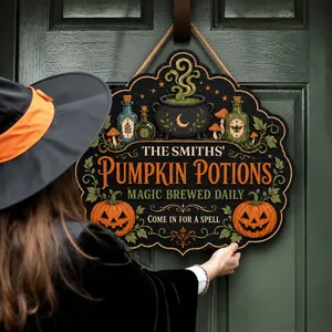 Welcome To Our Pumpkin Potion House Personalized Halloween Sign, Custom Family Name Magic Brew Decor, Witchy Front Door Hanging Decoration