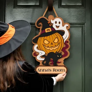 The Little Pumpkin Family Lives Here Personalized Halloween Sign, Custom Family Name Ghost Cat Door Decor, Cute Spooky Home Decoration