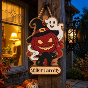 The Little Pumpkin Family Lives Here Personalized Halloween Sign, Custom Family Name Ghost Cat Door Decor, Cute Spooky Home Decoration