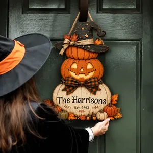 Personalized Halloween Door Sign Custom Family Name & Est Year, Pumpkin Witch Harvest Decor, Rustic Fall Front Door Hanging Sign, Halloween Family Gift