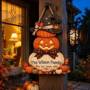 Personalized Halloween Door Sign Custom Family Name & Est Year, Pumpkin Witch Harvest Decor, Rustic Fall Front Door Hanging Sign, Halloween Family Gift