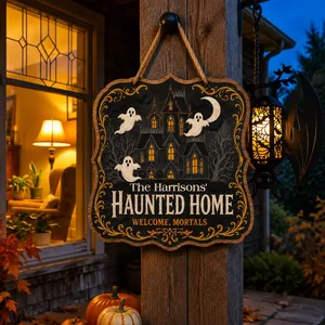 The Wilsons’ Haunted Home Personalized Halloween Sign, Custom Family Name Gothic Mansion Decor, Ghost Castle Front Door Decoration