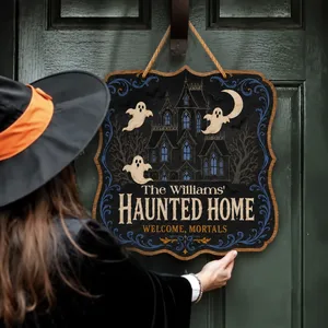 The Wilsons’ Haunted Home Personalized Halloween Sign, Custom Family Name Gothic Mansion Decor, Ghost Castle Front Door Decoration