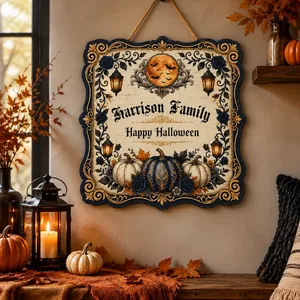 Custom Family Name Halloween Door Sign, Vintage Gothic Pumpkin Decor, Black Rose Lantern Welcome Sign, Personalized Halloween Home Gift