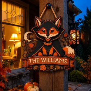 Custom Family Name Halloween Door Sign, Woodland Fox Witch Decor, Cute Fox Pumpkin Hanging Sign, Spooky Fall Front Door Decoration Gift