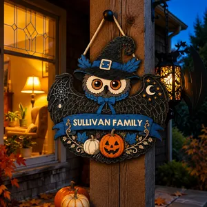 Personalized Halloween Door Sign Custom Family Name, Witch Owl Pumpkin Decor, Black Owl Bat Wing Hanging Sign, Spooky Front Door Halloween Gift