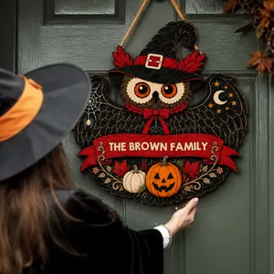 Personalized Halloween Door Sign Custom Family Name, Witch Owl Pumpkin Decor, Black Owl Bat Wing Hanging Sign, Spooky Front Door Halloween Gift
