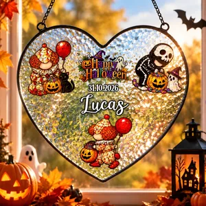 Personalized Trick or Treat Kids Halloween Suncatcher, Custom Names & Date Window Hanging, Spooky-Cute Acrylic Fall Home Decor Gift